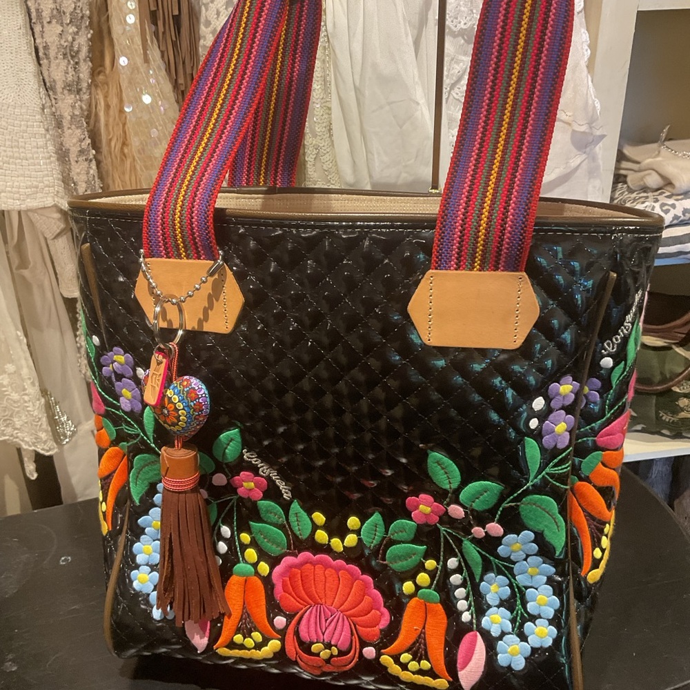 Quilted Black Floral Embroidered Tote Bag with Multicolor Strap